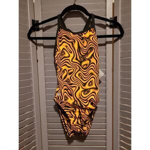 Speedo Women's Race Black and Deep Gold One Piece Swimsuit- Size 24/XXS- NWT